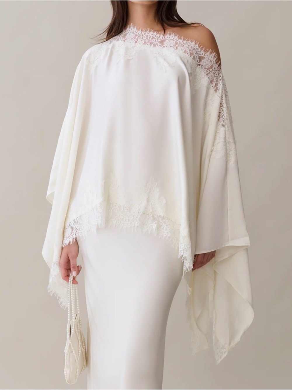 Few Moda o.p.t NWT Anita Ivory Lace-Trim Asymmetrical Off Shoulder Shawl Top